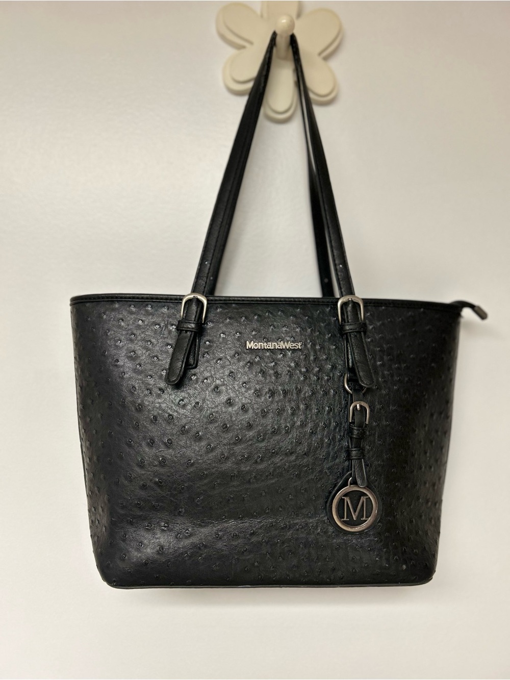 Montana West Black Textured Tote with Signature Charm